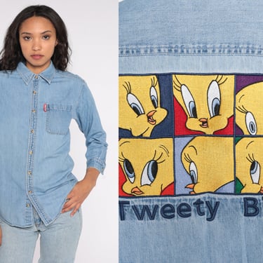 Looney Tunes Shirt Tweety Bird Denim Shirt Jean Shirt Warner Bros Cartoon Top 90s Graphic Button Up Vintage Long Sleeve Youth Extra Large xl 