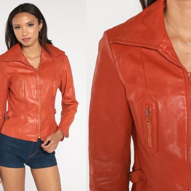 70s Leather Jacket Women's Orange Moto Jacket Boho Hippie 1970s Vintage Zip Up Motorcycle Jacket Collared Hipster Bohemian Fitted Small S 