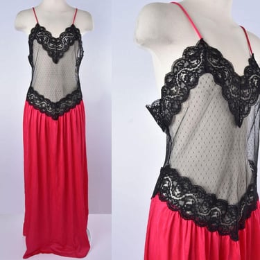 Hot Pink & Black Sheer Lace Long Lingerie Night Gown Sexy Vintage 1970's, MEDIUM size, Nightie Maxie Dress Fuchsia Pink, by Perfect form USA 