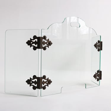 Mid-Century Modern Glass Folding Triptych Fire Screen With Brass Hinges Marked 