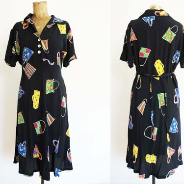 Vintage 90s Black Colorful Handbag Print Empire Waist Dress S M - 1990s Collared Rayon Novelty Print Sundress 