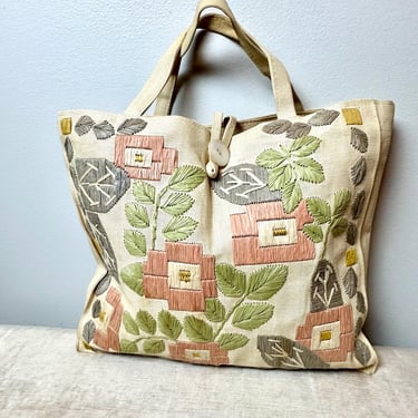 1930’s 1940’s floral Raffia & linen hand bag~ square soft tote~ pastel woven flower design~ 30’s 40’s fashion accessories 