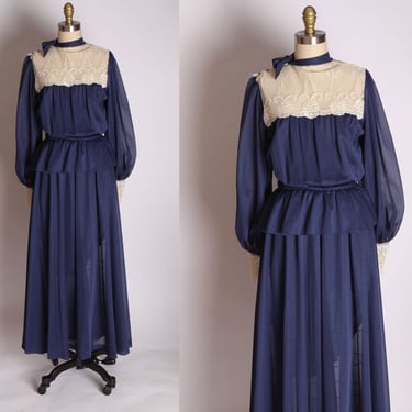 1970s Navy Blue Semi Sheer Polyester Long Sleeve Cream Lace Prairie Gunne Sax Style Dress -M-L 