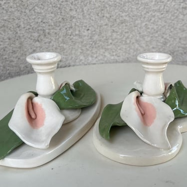 Vintage Set 2 Calla Lilly Candleholders Ceramic Handmade Flowers white pink 