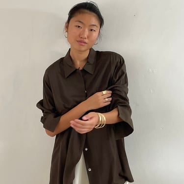 90s silk blouse / vintage espresso brown 100% silk crepe french cuffs oversized holiday pocket shirt blouse capsule wardrobe  | Large 