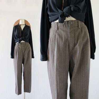 micro herringbone trousers - 31-33 - vintage 90s y2k high waist pleat front womens brown black pants 