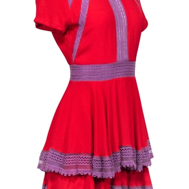 Maje - Red Ruffled A-Line Dress w/ Lavender Lace Trim Sz 4