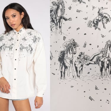 Cowboy Shirt Button Up Rodeo Western Top 90s Roper White Horseback Riding Collared Blouse Novelty Vintage 1990s Long Sleeve Extra Large XL 