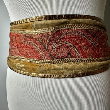 Vintage 80’s Victorian paisley Art belt~ wide cincher style~ hand made suede with gold stenciling Unique belts~ size 30”-34” 