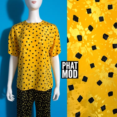 Rad Vintage 80s 90s Yellow & Black Geometric Squares Lightweight Short Sleeve Blouse 