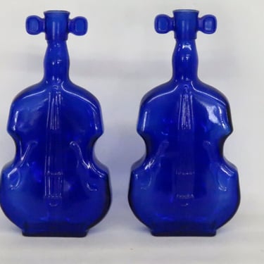 Violin Shape Bottles Decanters Vases Vintage Cobalt Blue Glass a Pair 2647B