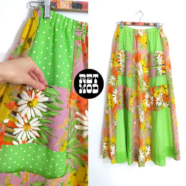 Absolutely Lovely Vintage 70s Lime Green Polka Dot & Flower Power Cotton Maxi Dress by Chessa Davis 
