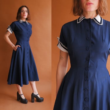 Vintage 40s Navy Blue Collared Dress/ 1940s Button Up Mid Length Dress/ Size XS 
