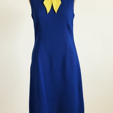 Vintage 1960's Minx Modes Blue Peter Pan Collar Sheath Dress With Yellow Polka Dot Bow 