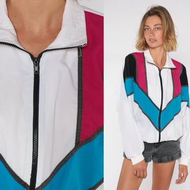 Color Block Windbreaker 80s 90s White Blue Pink Black Striped Warmup Jacket Vintage Zip Up Retro Athleisure 1980s Sportswear Extra Large XL 