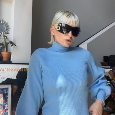 VTG Late 60s/Early 70s Powder Blue Knit Turtleneck Balloon Sleeve Top 