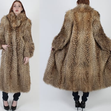 Full Length Tanuki Fur Coat / Long Shaggy Brown Fur Coat / Vintage 70s Warm Feathered Shawl Collar Maxi Jacket 