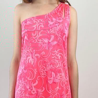 Vintage 70s Erio Bocci for Key West Hand Prints Nylon Maxi Dress One Shoulder Neon Pink Floral Lilies S 