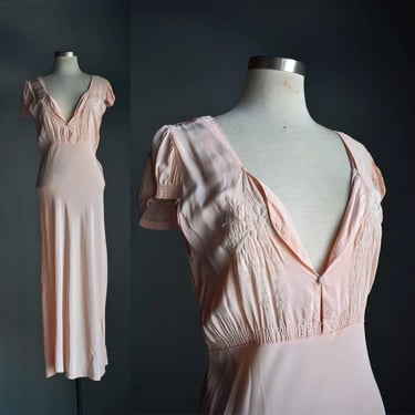 1940s Pink Silk Night Gown / Antique Silk Nightgown Dress / True Vintage Long Night Gown Dress / Embroidered Silk Night Gown w Cap Sleeves 