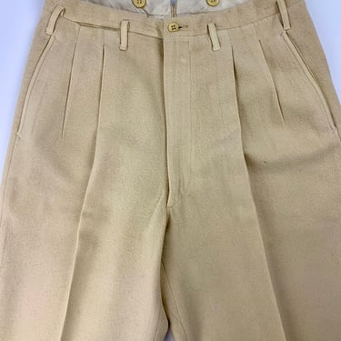 1930's-40's Flannel Trousers - Butter Yellow Wool - Pleated Front Panels - Zipper Fly - Drop Loop - Concealed Watch Pocket - 30 Inch Waist 