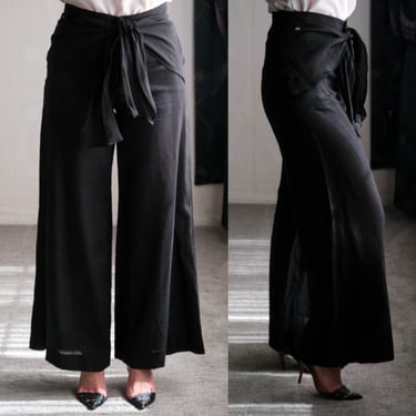 Vintage SONIA RYKIEL Black Linen High Waisted Ultra Wide leg Pants w/ Wide Belted Accent | Made in France | 100% Linen | Y2K Designer Pants 