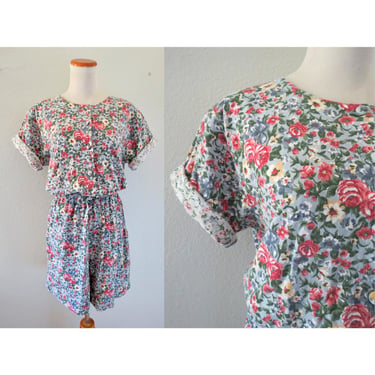 Vintage Floral Romper - 90s Womens Flower Print Cotton Playsuit - Modest Cute 1990s Romper - Size Large 