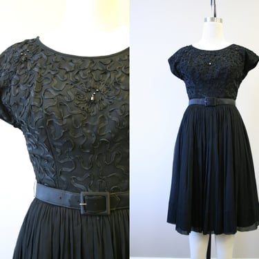 1960s R&K Black Soutache and Chiffon Party Dress 