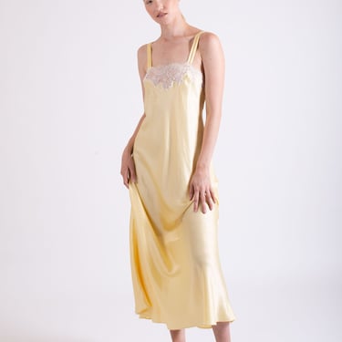 Vintage Christian Dior 1980s Pale Yellow Maxi Slip Dress with Lace Trimmed Bust Spaghetti Strap XS S M 70s Nightgown Lingerie 