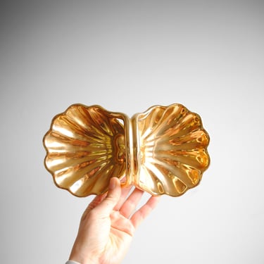 Vintage Gold Ceramic Shell Dish, Double Sided Italian Pottery Dish 