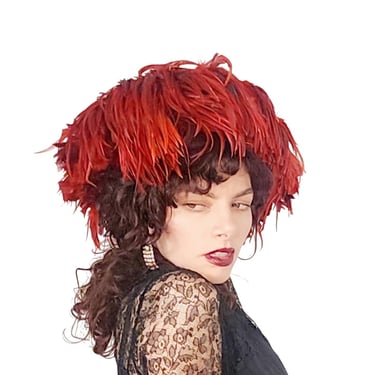 80s Does 60s Red Feather Hat Kokin Oversized Avant Garde 