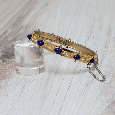 Vintage Pauline Rader Hinged Bracelet Faux Pearl and Sapphire - Signed 