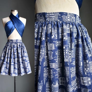 Vintage 1950s Cotton Skirt / Vintage Architectural Print Skirt / Vintage Skirt with House Print / True Vintage Cotton Skirt XS 