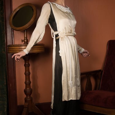 Antique Edwardian Dress - Gorgeous 1910s Homemade Two Piece Silk Ensemble in Black Silk with Beaded Ivory Satin Tabard 