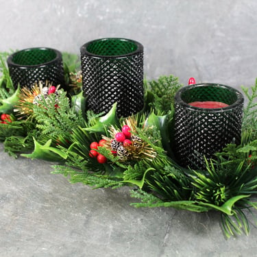 Vintage 1970s Christmas Centerpiece 3-Candle Holder | Vintage Christmas Greenery Candleholder | Bixley Shop 