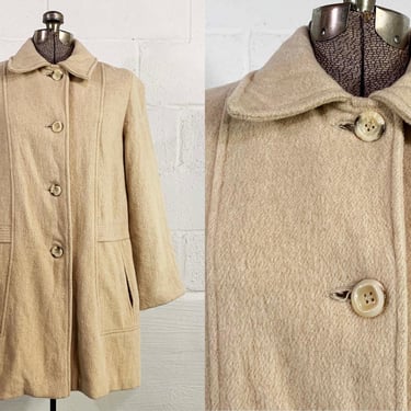 Vintage Beige Felted Winter Coat Peacoat Lined Jacket Hipster Belted Boho Mod Herman Kay Wool Blend Ivory Cream Large 1980s 