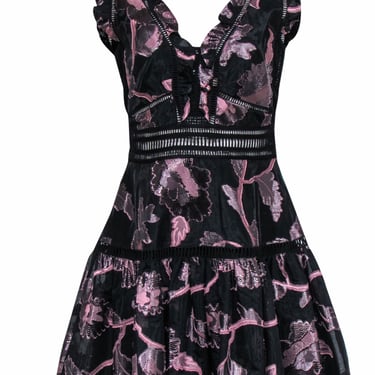 Rebecca Taylor - Black & Blush Metallic Floral Fit & Flare Dress w/ Lace Cutouts Sz 8
