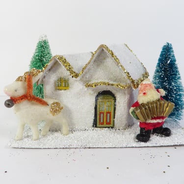 Vintage Glitter Santa Claus and Reindeer Putz House - White Glitter Putz House Santa Claus 