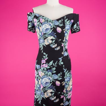 Vintage 80s Byer Too! Off-the-Shoulder Black Floral Sheath Dress (S) 