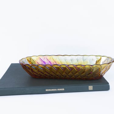 Vintage Marigold Carnival Glass Long Dish with Criss Cross Design, Iridescent Glass Tray, Vintage Home Decor, Vintage Glassware 