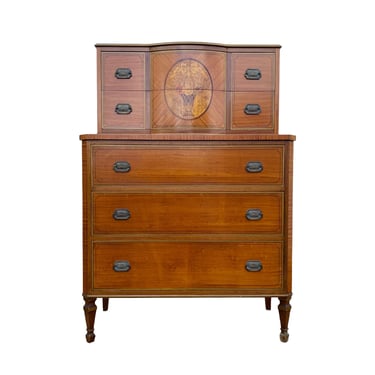 Rare Widdicomb Satinwood Tallboy Dresser Chest of 5 Drawers with Birdseye Wood & Floral Inlay - Unique Vintage Art Deco Furniture 