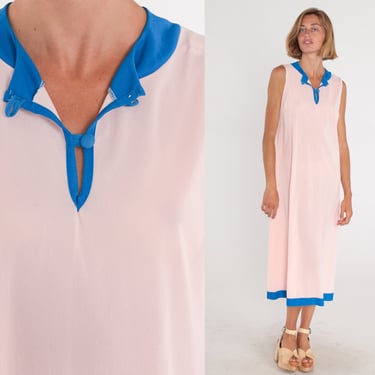 Pink Midi Dress 70s Day Dress Blue Trim Sleeveless Button up Column Dress Retro Simple Plain Casual Summer Sun Lounge Vintage 1970s Large L 