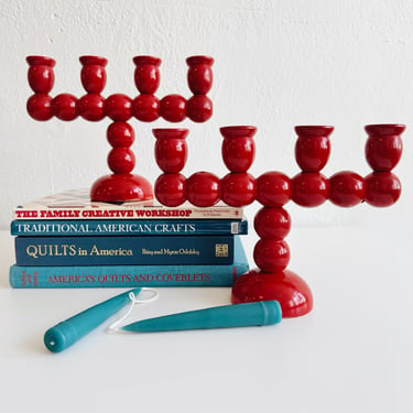 Red Scandinavian Wooden Candelabras