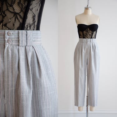 high waisted pants 80s vintage white gray striped straight leg ankle trousers 