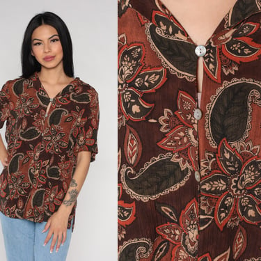 Paisley Floral Blouse Y2k Silk Top Shell Button up Shirt Short Sleeve Psychedelic Flower Print Festival Brown Green Vintage 00s Large L 