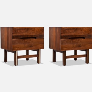 Mid-Century Modern Sculpted Walnut Night Stands with Brass Accent 
