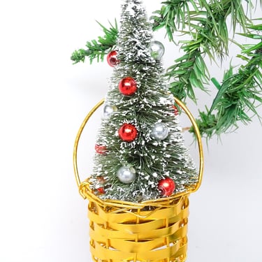 Vintage Decorated Sisal Bottle Brush Christmas Tree in Brass Basket Ornament,  Retro Decor 