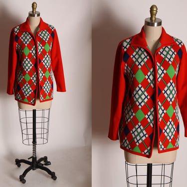 1970s Red, Blue and Green Argyle Christmas Open Front Knit Sweater Cardigan 