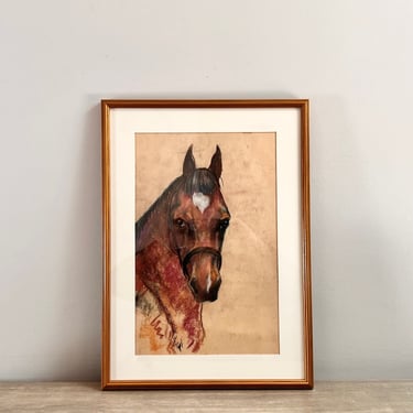 Vintage Horse Head Portrait Original Signed Charcoal Drawing 