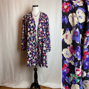 90’s black rayon pansies floral print jacket long frock dress style boho cottage hipster bright flower print blousy oversized M/L 