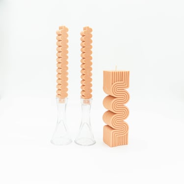 Peach Terracotta Wave Aesthetic Candle Gift Set | Unique Striped Pillar Candles | Tall Shaped Taper Candles | Wedding Corporate Holiday Gift 